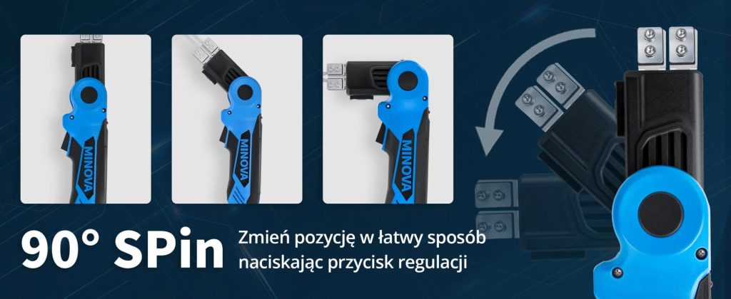 Termální nůž Minova: Modročerný nástroj s funkcí otáčení o 90 stupňů. Ideální pro různé aplikace.