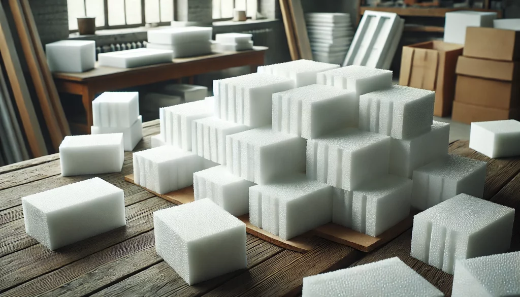 Hromada bílých polystyrenových bloků na dřevěném povrchu připravená k řezání.