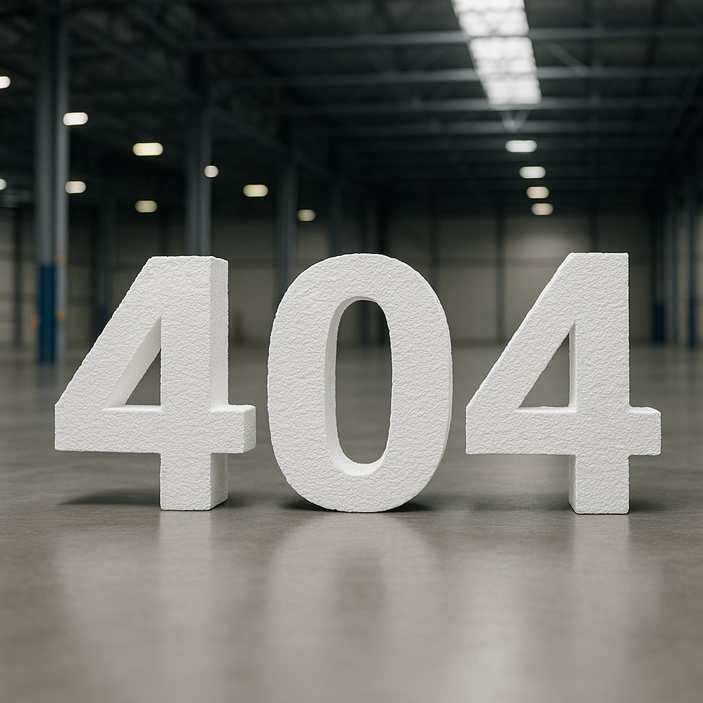 Duże, białe numery błędów 404 w pustym magazynie