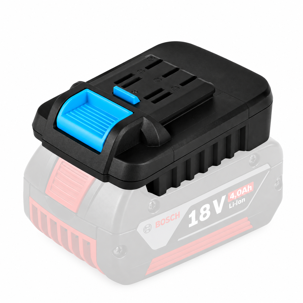 Adapter Minova do akumulatorów Bosch 18V Li-Ion, czarny z niebieskimi elementami.
