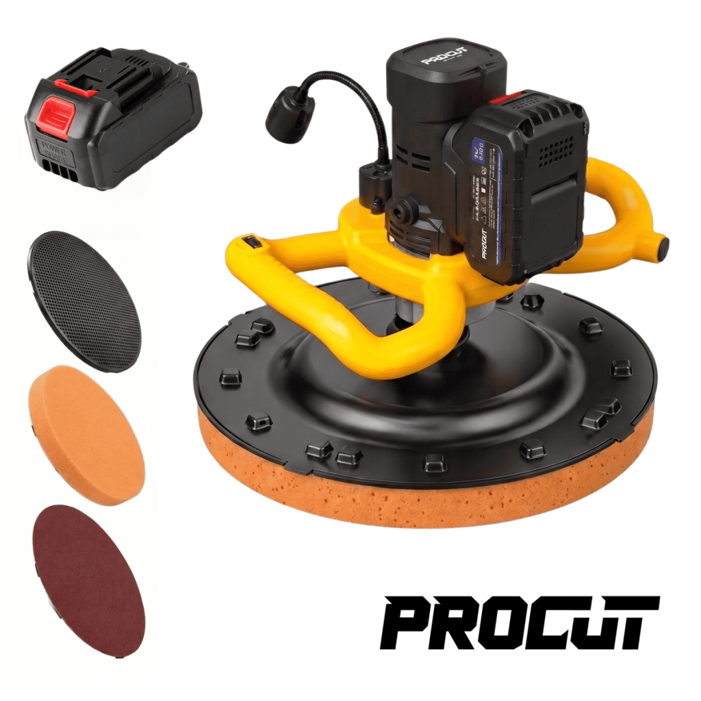 Lijadora de poliestireno Procut Dual 21B con mango y varios discos de lijado.