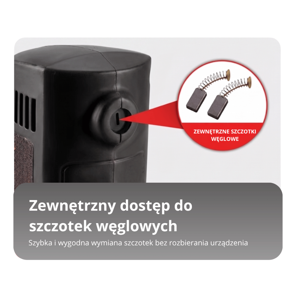 Zacieraczka PROCUT TE-25S: zewnętrzne szczotki węglowe z szybkim dostępem.